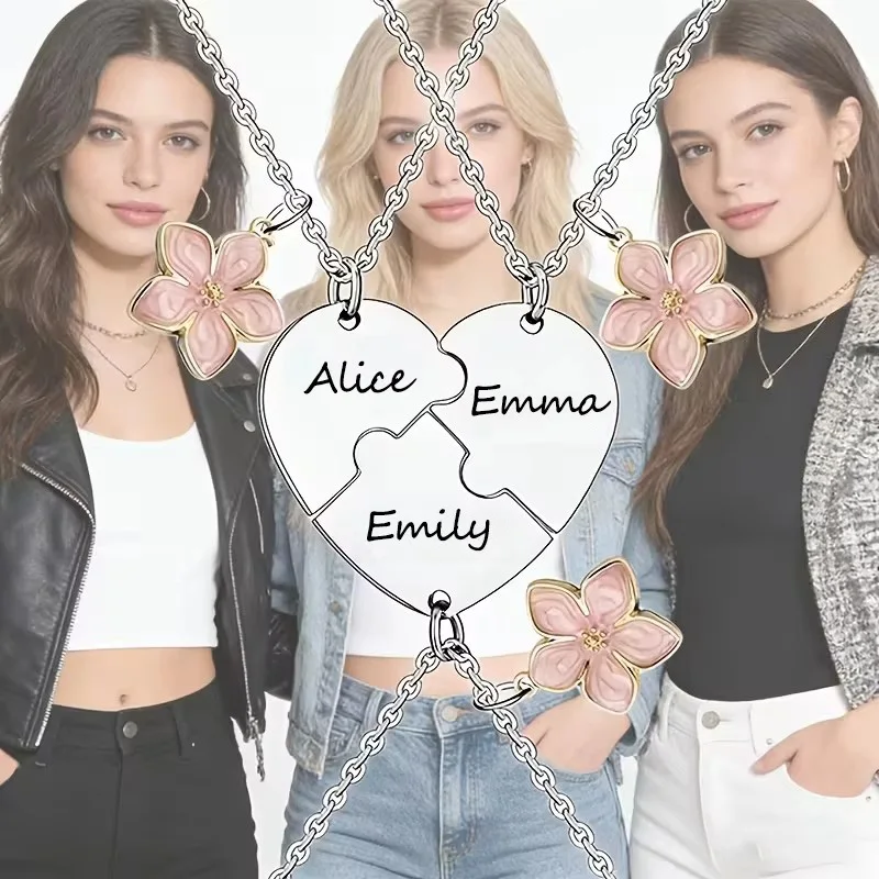 3 Pcs Custom Name Heart Matching Necklace Stainless Steel Personalized Necklaces For Best Friends Sisters Friendship Jewelry