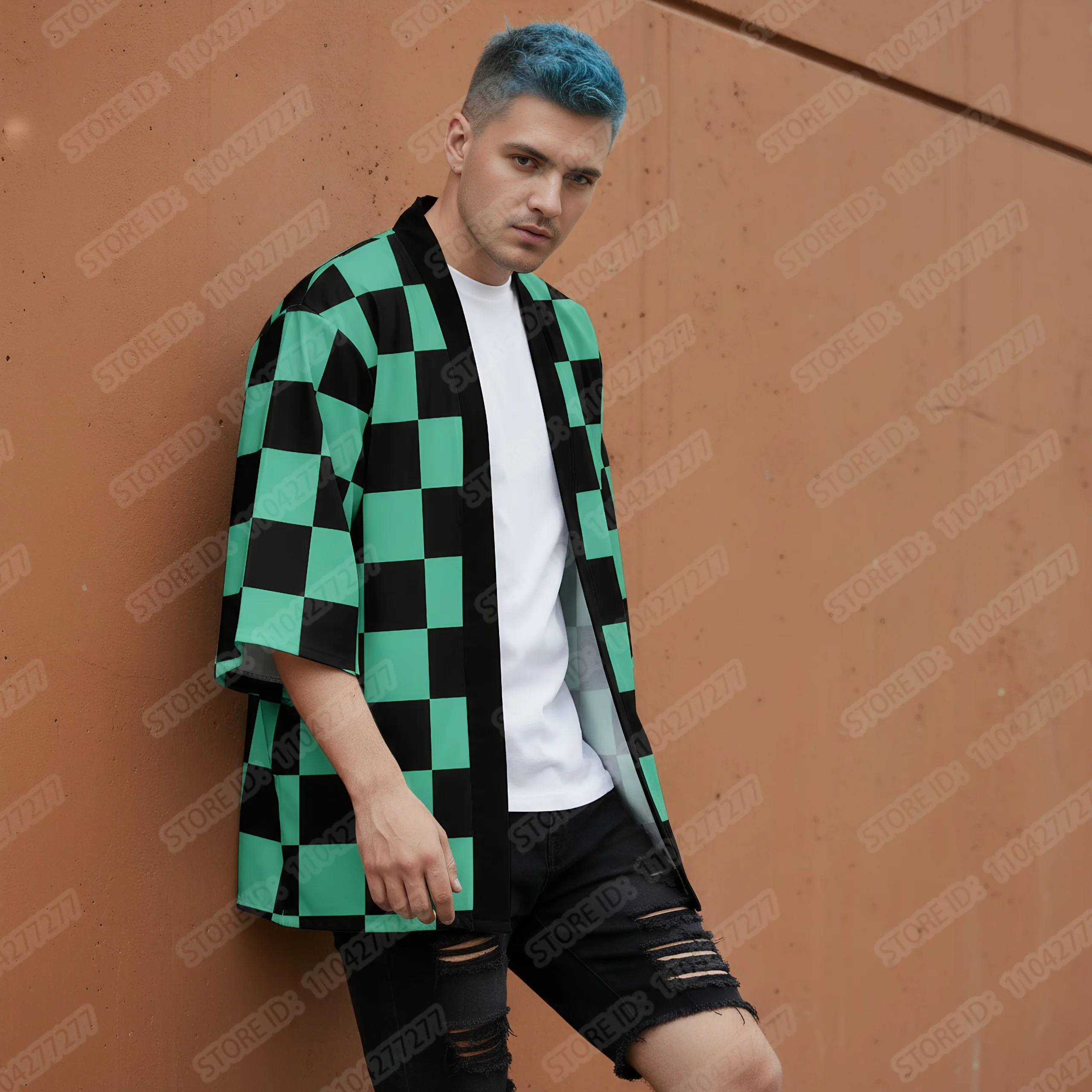 Anime Tanjirou Kamado Cosplay Kimono para hombres mujeres japonés verano Kamado Tanjirou verde negro a cuadros hombres japonés Haori abrigo