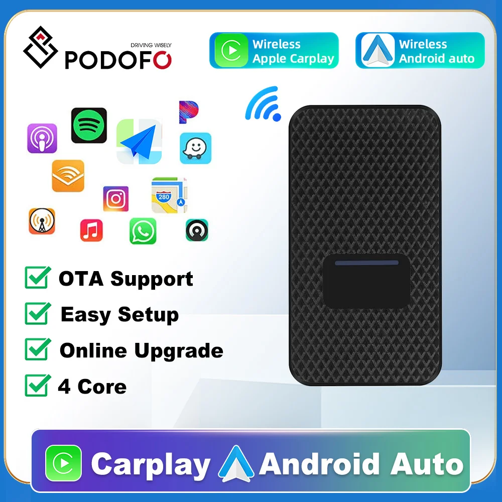 Podofo USB Wireless CarPlay Android Auto 2-in-1 wireless Box Mirrorlink Car Multimedia Player Bluetooth Auto Connect