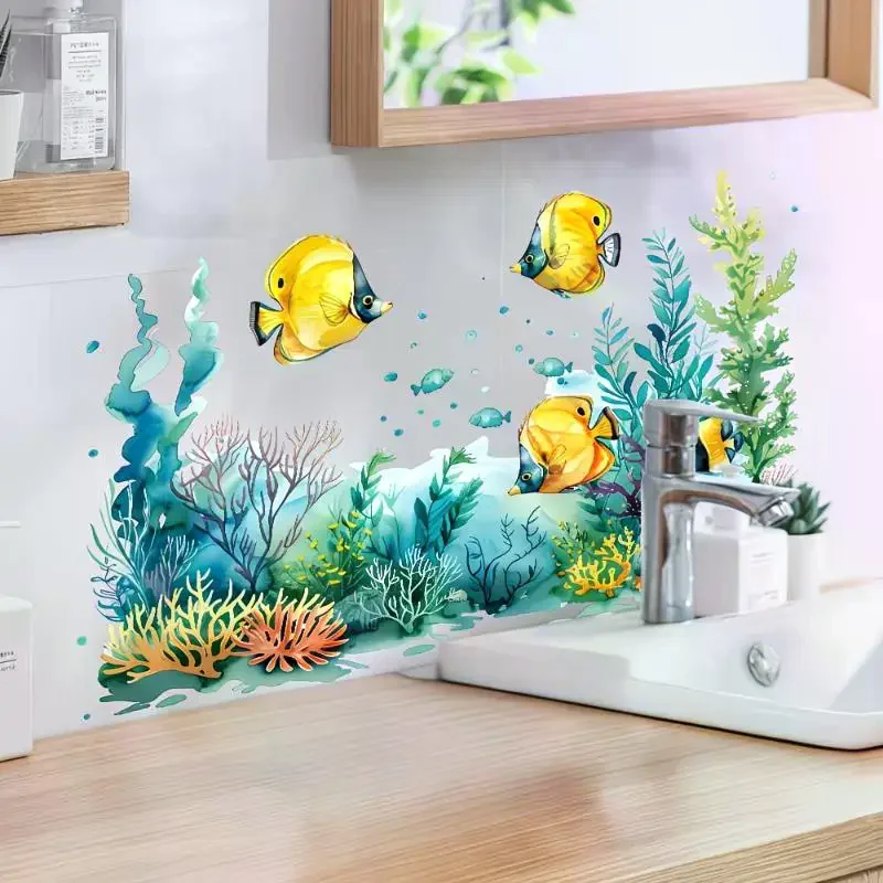 Ocean Fish Sink Area Background Wall Sticker Bathroom Wall Decoration Self-Adhesive Removable Waterproof Creative Sticker