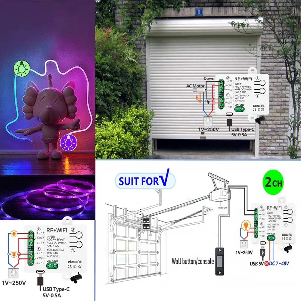 RF Wireless remote control switch TUYA WiFi smart home DC12V 24V 48V 2CH dry contact relay for Garage Light Surveillance camera