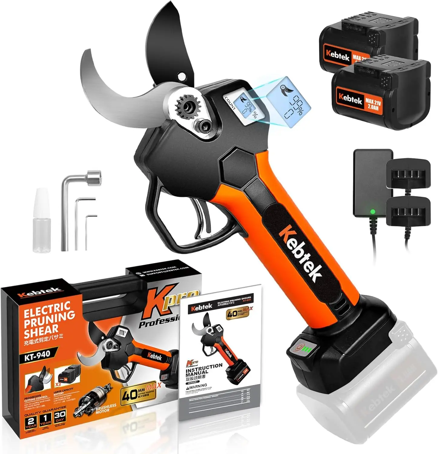 

21V Brushless Motor Cordless Electric Pruning Shears 40MM Two Rechargeable 2AH Batteries Powered Professional Pruning Shears LCD