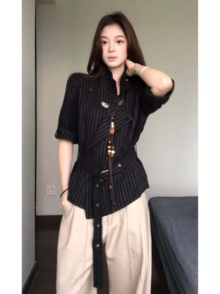 Black Stripe Loose Women's Shirt And Wide Leg Pants Set High Fashion Summer New Style by MARIE.  Polyester Fiber Long Sleeve