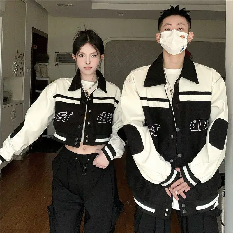 

Color Contrast Lapel China-Chic American Fashion Retro Short Jacket Jacket Baseball Jacket Couple Outfit Femael Clothing