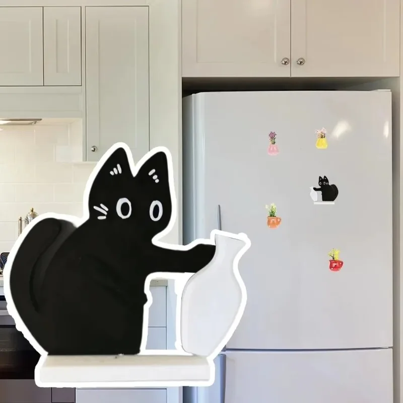 Acrylic Cat Whiskers Collection Ornaments Magnetic Cartoon Cat Hair Storage Memorial Box Black Cat Pushing Vase Decor