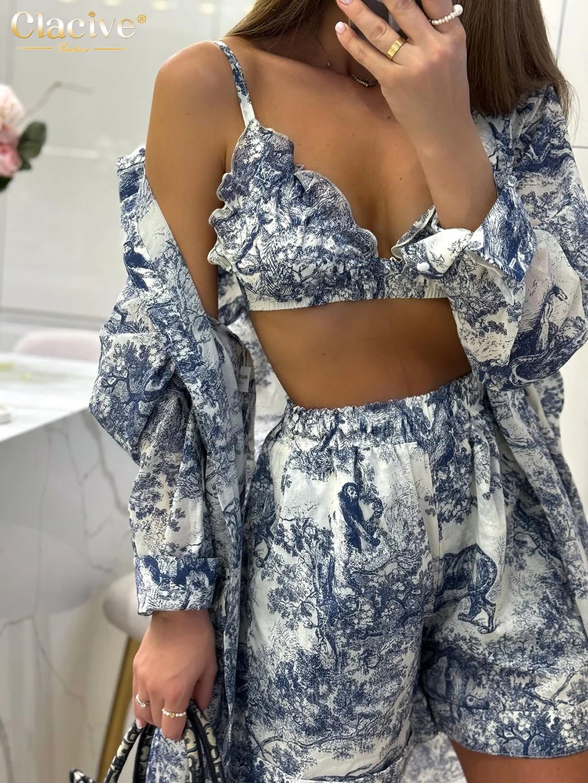 Clacive Fashion Loose Print 3 Piece Sets Women Outfit 2024 Elegant Long Sleeve Shirt + Bra With High Waist Shorts Set Streetwear