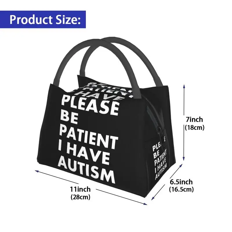 Please Be Patient I Have Autism Letter Print Thermal Insulated Lunch Bag Portable Lunch Tote Box for Women Kids School Food Bags