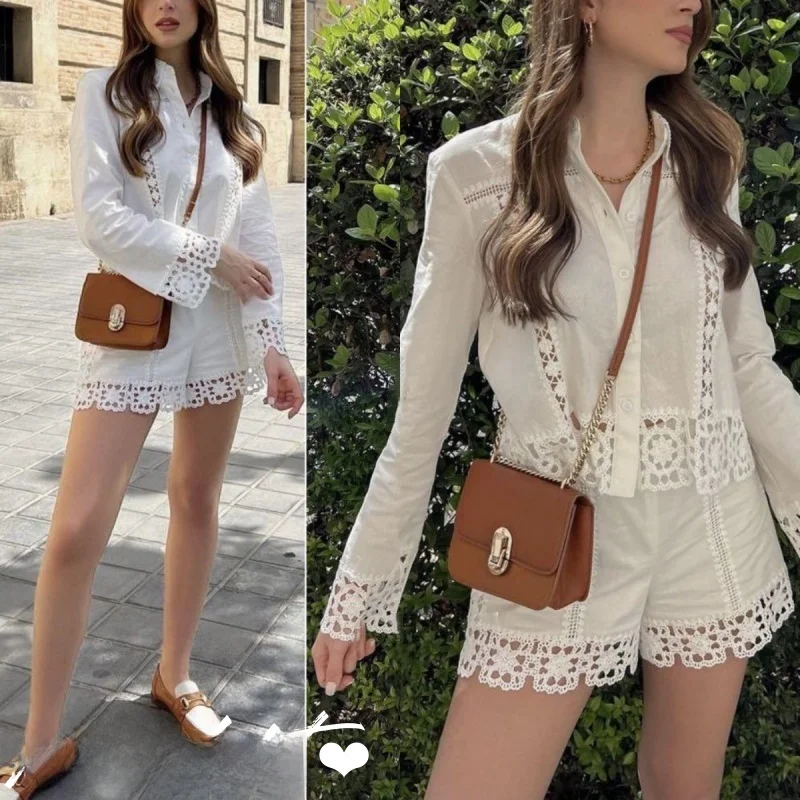 White Embroidered Hollow out Patchwork Belted Shirt High Waist Shorts Fashion Set Women's Cotton Breathable Button up Shirt