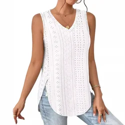 Casual Summer Hollow Out V Neck Sleeveless Blouses for Women Fashion Elegant Loose Tank Tops for Women Solid Pullover Tunic