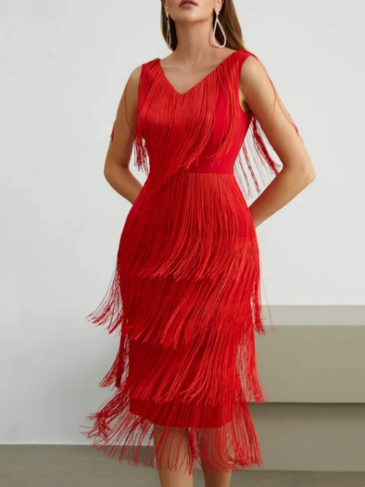 Red Tassel Dresses Party V Neck Sleeveless High Waist Women Fringe Dance Evening Birthday Gowns Sexy Club New Loose Robe