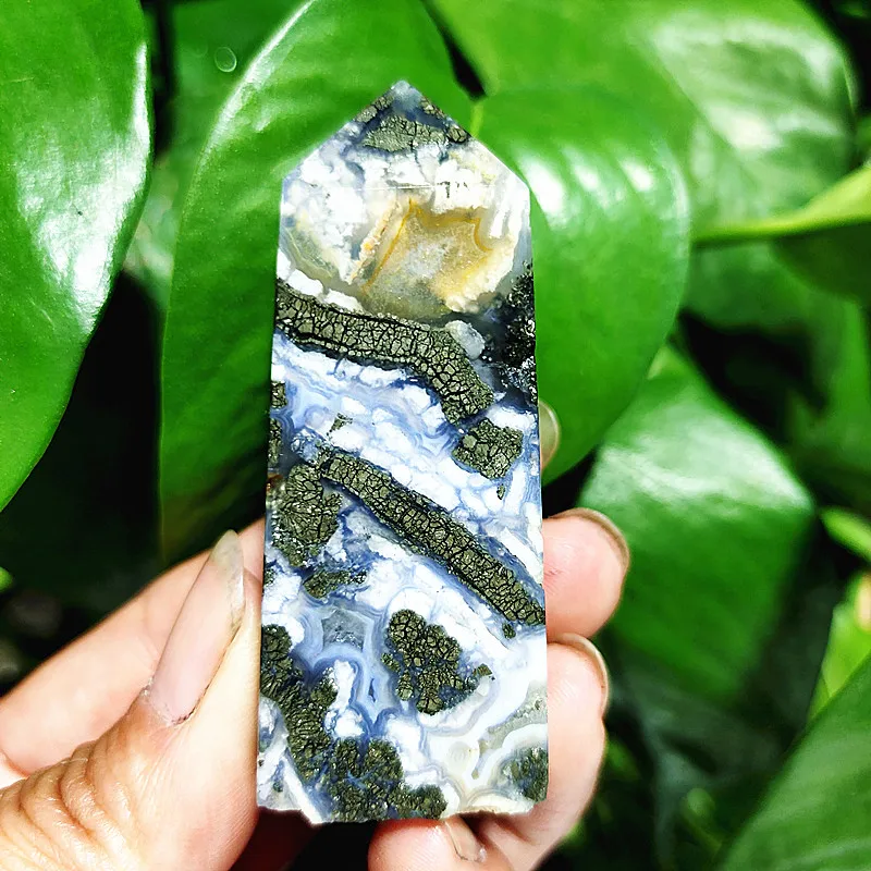 Natural Agate Crystal Tower Stone Wand Point  Room Decoration Agate and Pyrite Mineral Symbiont Ornaments Reiki Healing Crystals