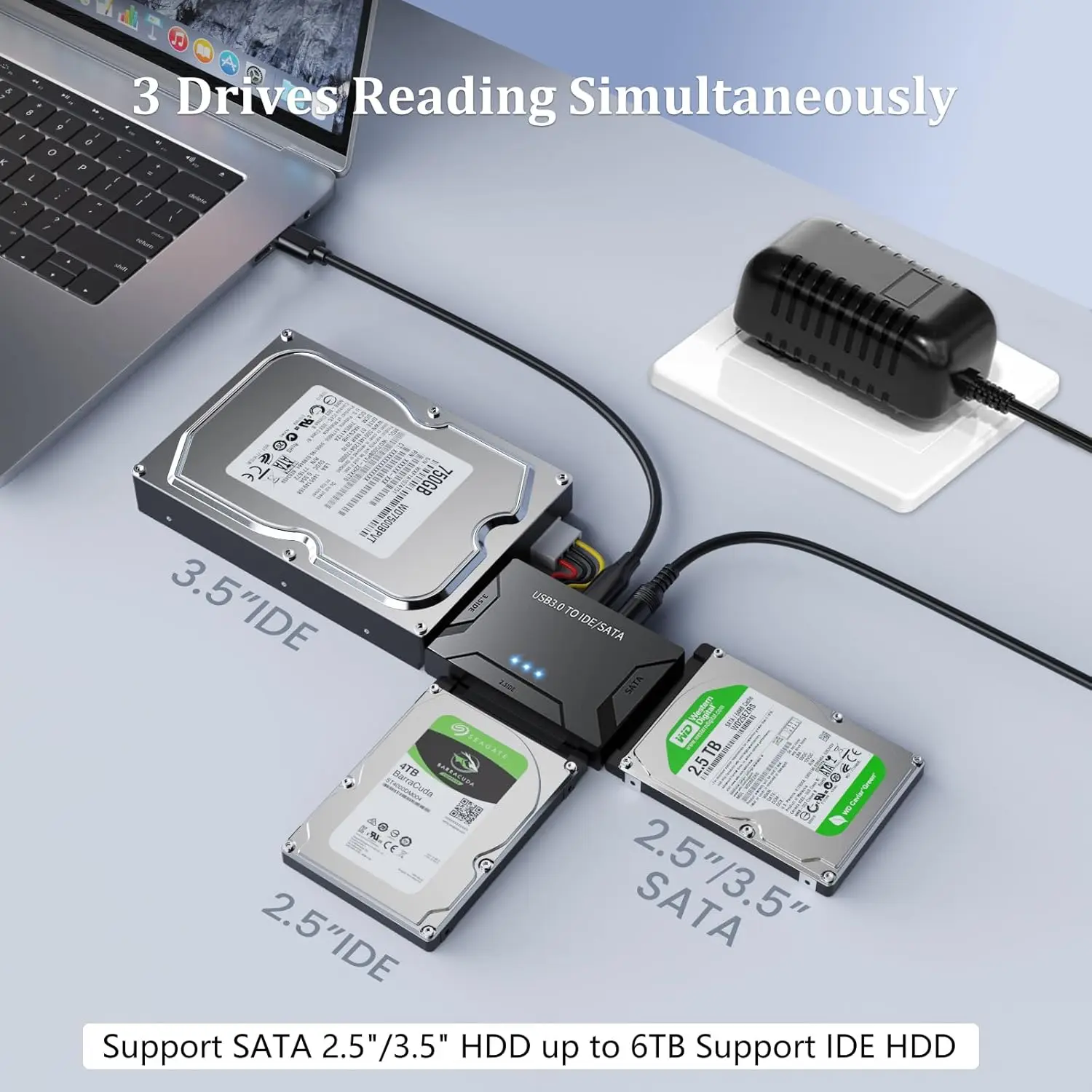 2.5-inch and 3.5-inch Hard Drive Reader 3-in-1 USB 3.0 to SATA/IDE Adapter, HDD/SSD Converter Included 12V/2A Power Adapter