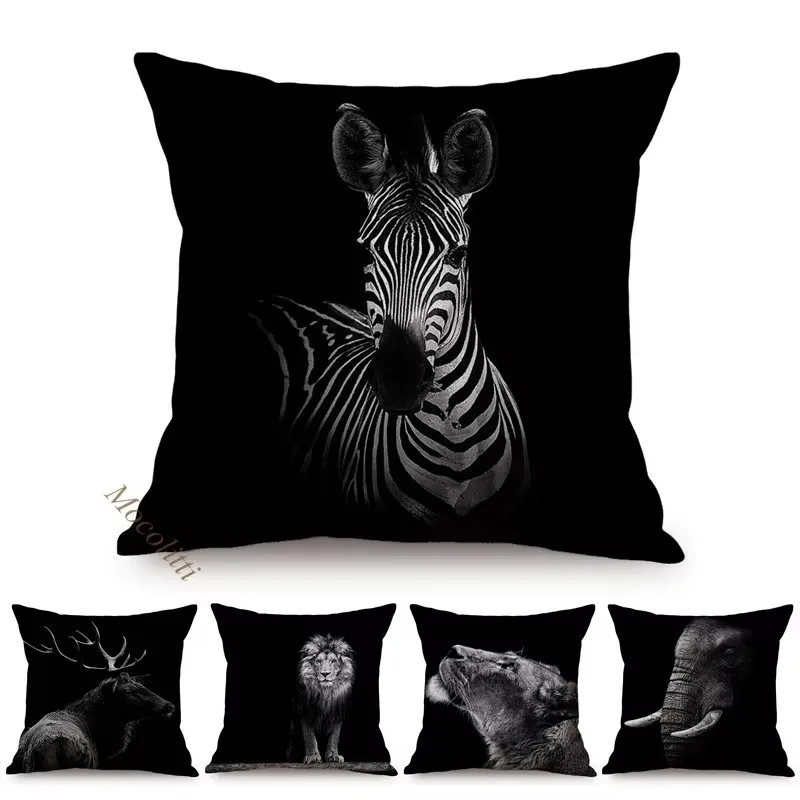 Black Animals Portrait Photography Pattern Sofa Pillow Case Lion Zebra Elephant Tiger Home Decor Square Cushions Cover Almofadas