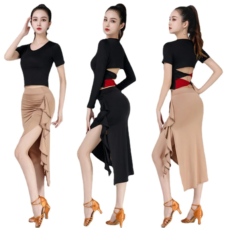 Ruffled Latin Dance Skirt Female Adult 2023 New Sexy Wrap Hip Dance Skirt Suit Standard Training Latin Dress Competition Costume