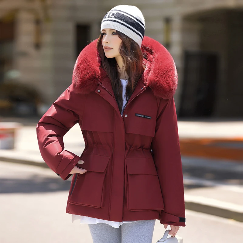 

Thick Velvet Liner Women's Parkas A version Medium-long Winter Cotton Padded Jacket Big Fur Collar Pocket Slim Waist Jacket Coat