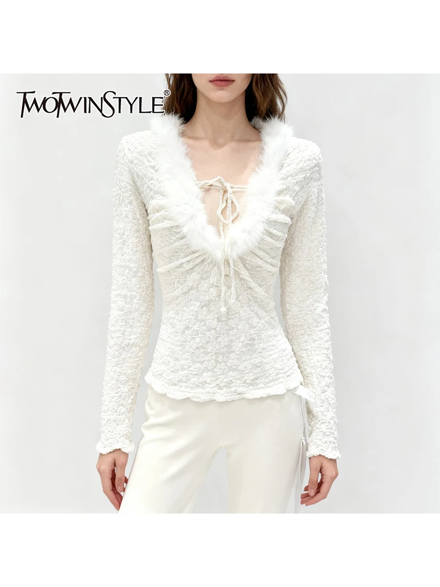 

TWOTWINSTYLE Slimming Spliced Shirring Elegant T Shirts for Women Fur Collar Long Sleeves Patchwork Lace Up T Shirt Female New