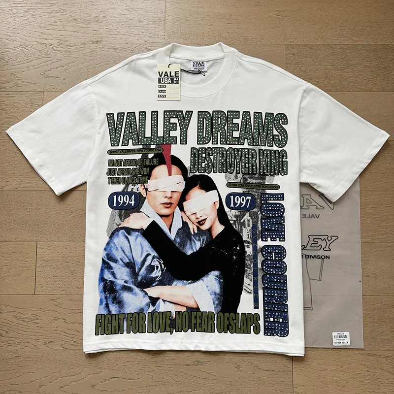 High Quality Vale Valley Retro Movie Clip Print INS Street Heavyweight Pure Cotton Short Sleeve T-Shirt Youth Fashion Streetwear