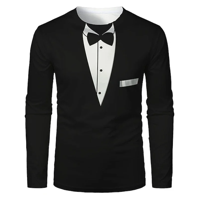 Men 3D Print Fake Tuxedo Bow Tie Pattern Long Sleeve T Shirt Polyester Fiber Crew Neck Party Costume Tops For Male
