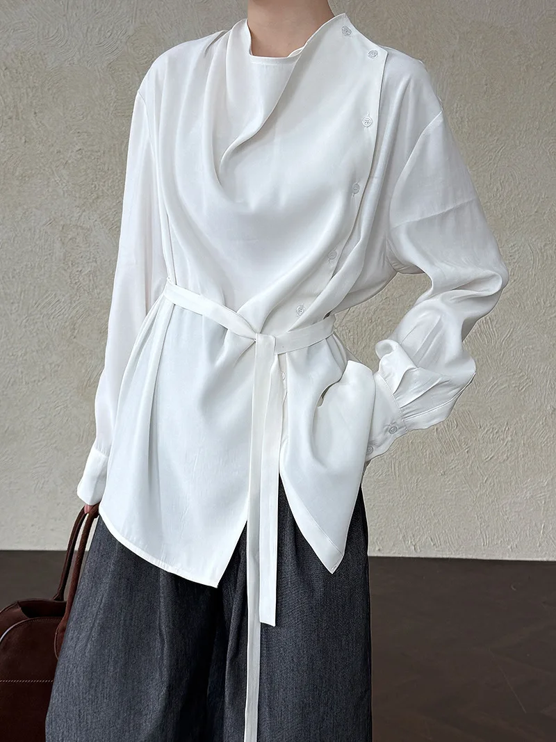 BJTZ 韓国スタイルデザインスイング襟ウエスト締めブラウス女性のための春秋の新エレガントなニッチシャツトップ