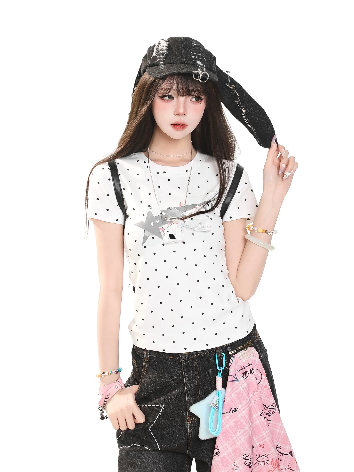 Dopamine Polka Dot Letter Short Sleeve T-Shirt Women's Summer Design Slimming Stylish Top Casual Style Universal Fit Short Sl...