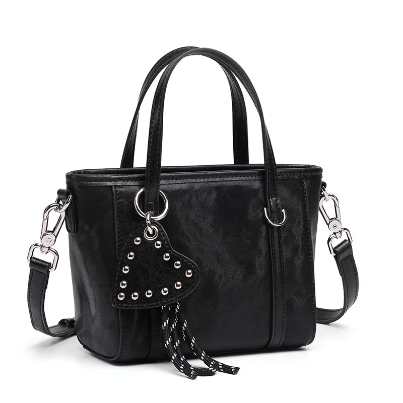 Aidrani Ladies Soft Cowhide Crossbody Bag, Mini Top‑Handle Tote Purse With Heart Rivet Pendant, Removable Strap Daily Shoulder