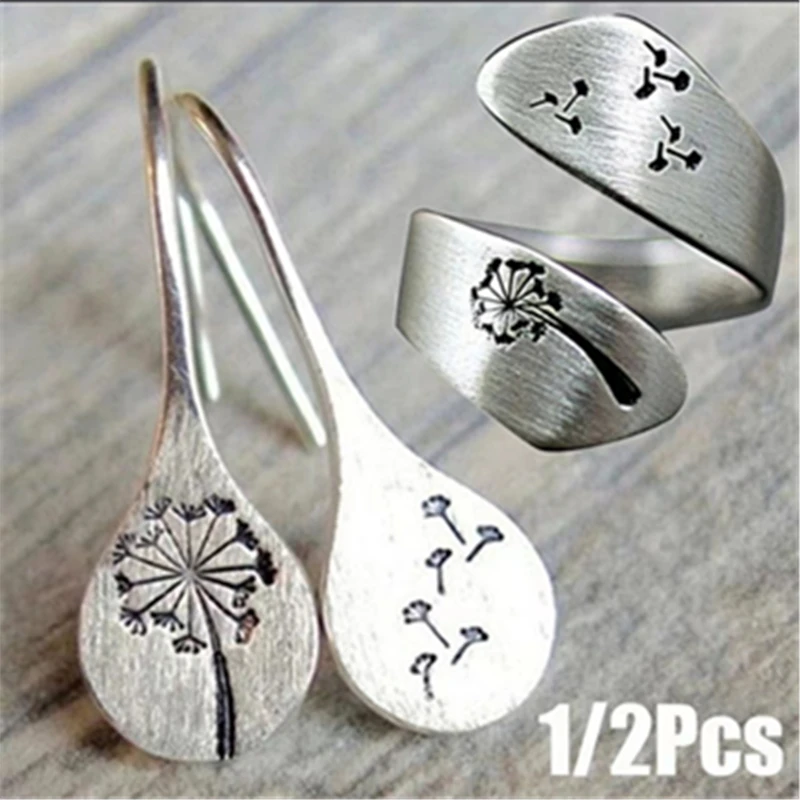 Simple Silver Color Dandelion Jewelry Set Dangle Earrings Rings For Women Engagement Accessories Wedding Statement Jewelry Gift