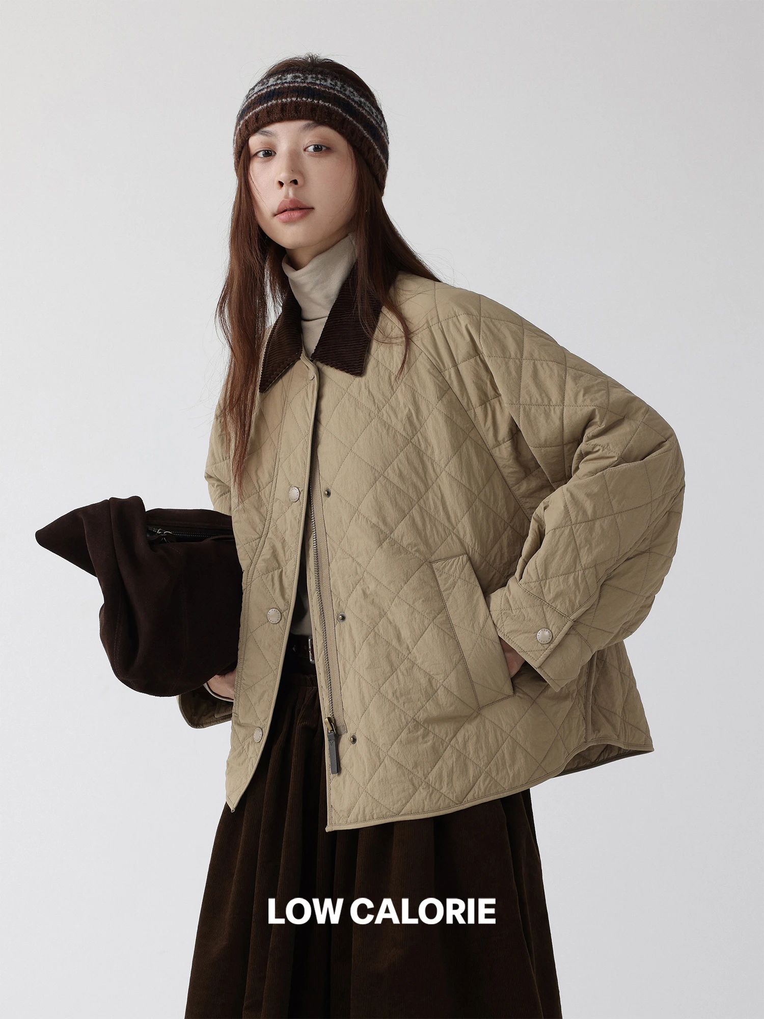 

LowCalorie Retro Style Corduroy Patchwork Collar Diamond Stitching Cotton Jacket Vintage Flavored Color Block Coat Lightweight