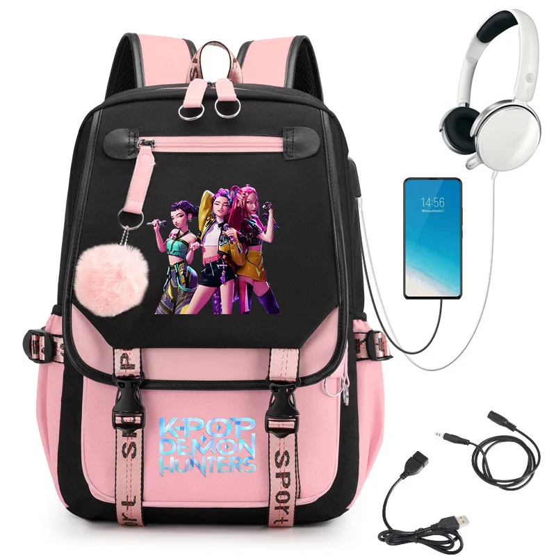 

KPop Devil Printed Anime Backpack Multi Pocket Role Playing Bag with Pendant Student Black Powder Multi Functional Backpack