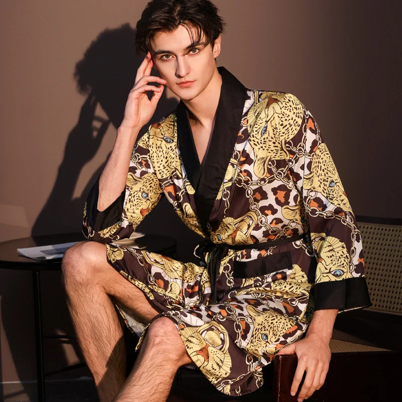 

26 моделей сексуальных роскошных пижам для мужчин и женщин из ледяного шелка с длинными рукавами, халаты с леопардовым принтом, ночная одежда, пижамы для сна.