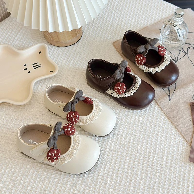 2026 New Girls Leather Shoes round Headed Cherry Bow Princess Style Casual Shallow Mouth Children's Shoes Fashion Kid's Shoes