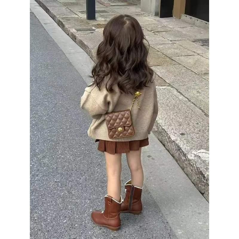 الفتيات الخريف والشتاء جديد الكاكي محبوك سترة سترة براون حفرة مخطط تنورة ملابس الأطفال 90-140 سنتيمتر