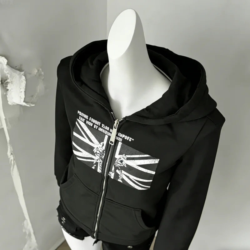 

Женская повседневная уличная толстовка с капюшоном на молнии, с принтом флага Великобритании в стиле панк, черная, с карманом-кенгуру, 2026