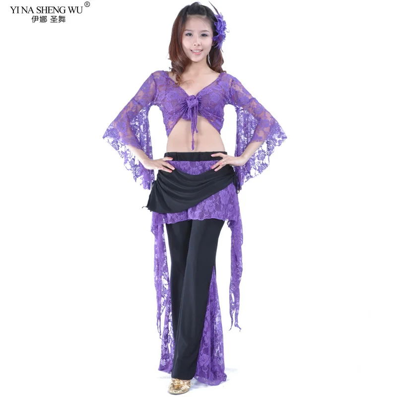 New Belly Dance Costume Set Adult Female Lace Butterfly Sleeve Practice Clothes Top+Pants Belly Dance Wear