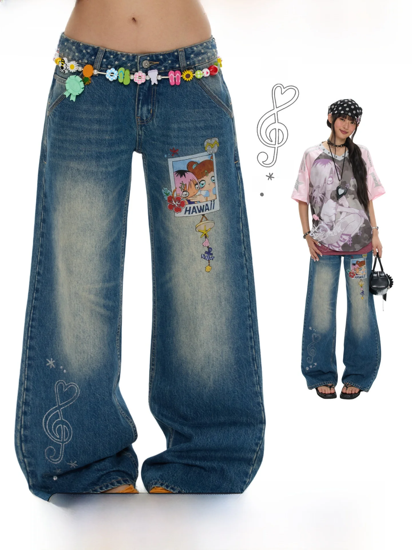 BENANDx Summer Polka Dot Splicing Washed Denim Pants Vintage Slim Fit Natural Waist Polyester Fabric Button Closure Loose Fit