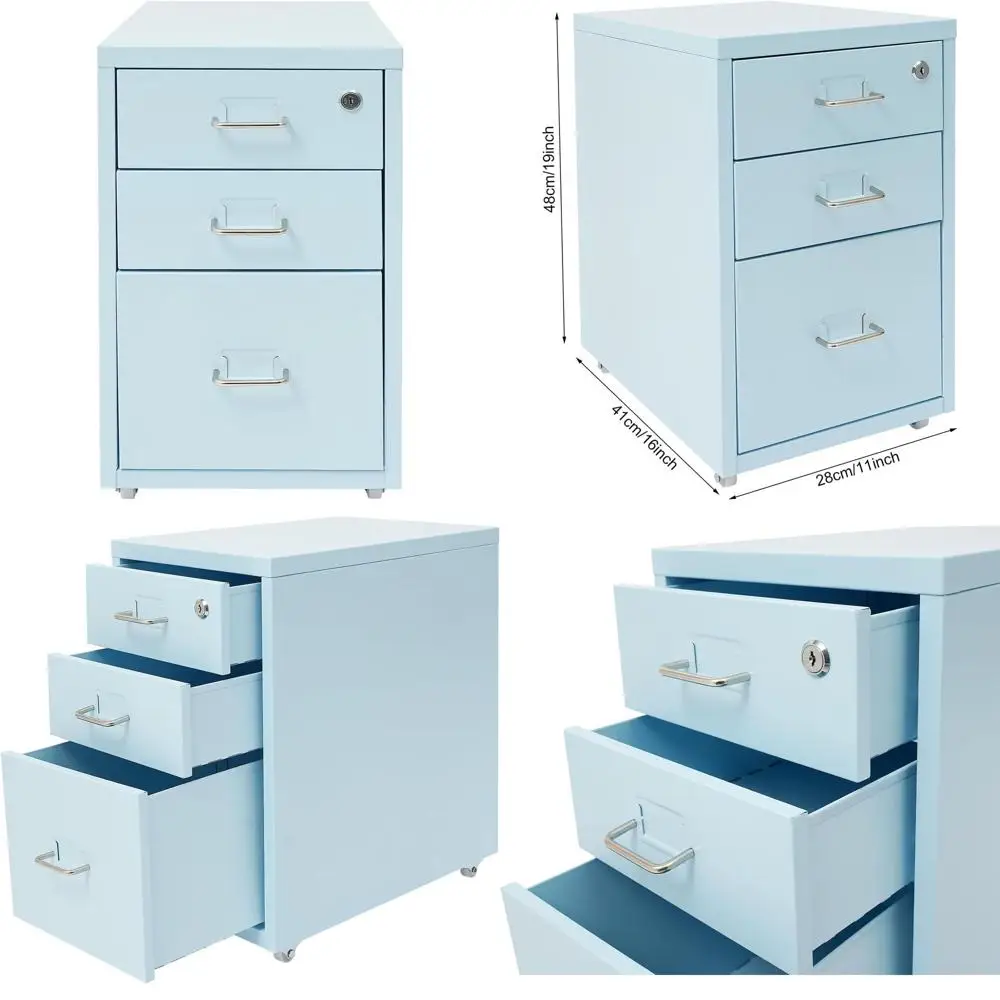 

A4 Size Mobile Vertical File Cabinet with Lock, Office & Home Storage, Blue