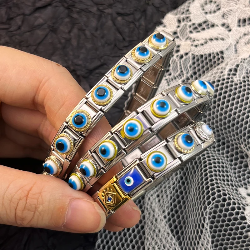 New Blue Glaze Eye Italian Charm Stainless Bracelet Fit 9mm Link Elastic Chain DIY Making Jewelry Custom Gifts For Women Men