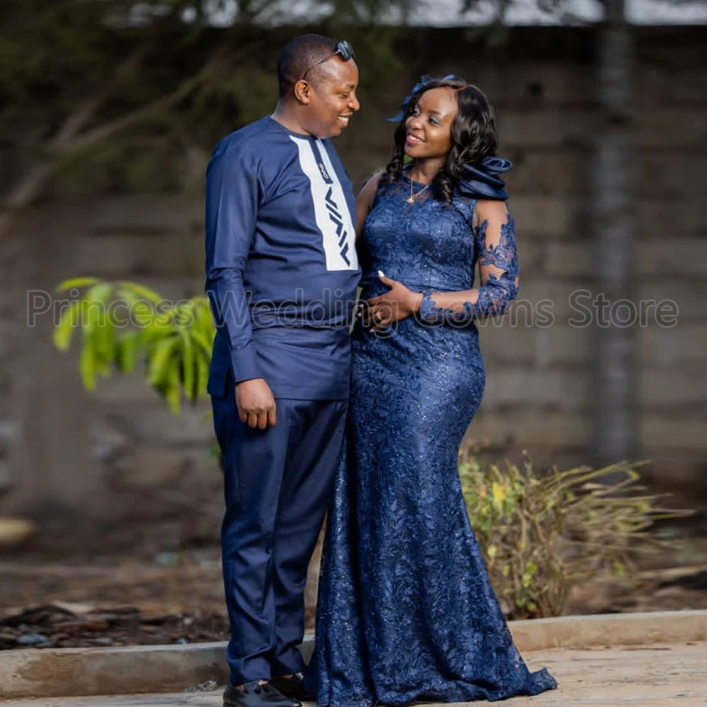 Robe d'invité de mariage sirène africaine pour femmes, grande taille, bleu Chic, appliques mère de la mariée, col rond, manches longues