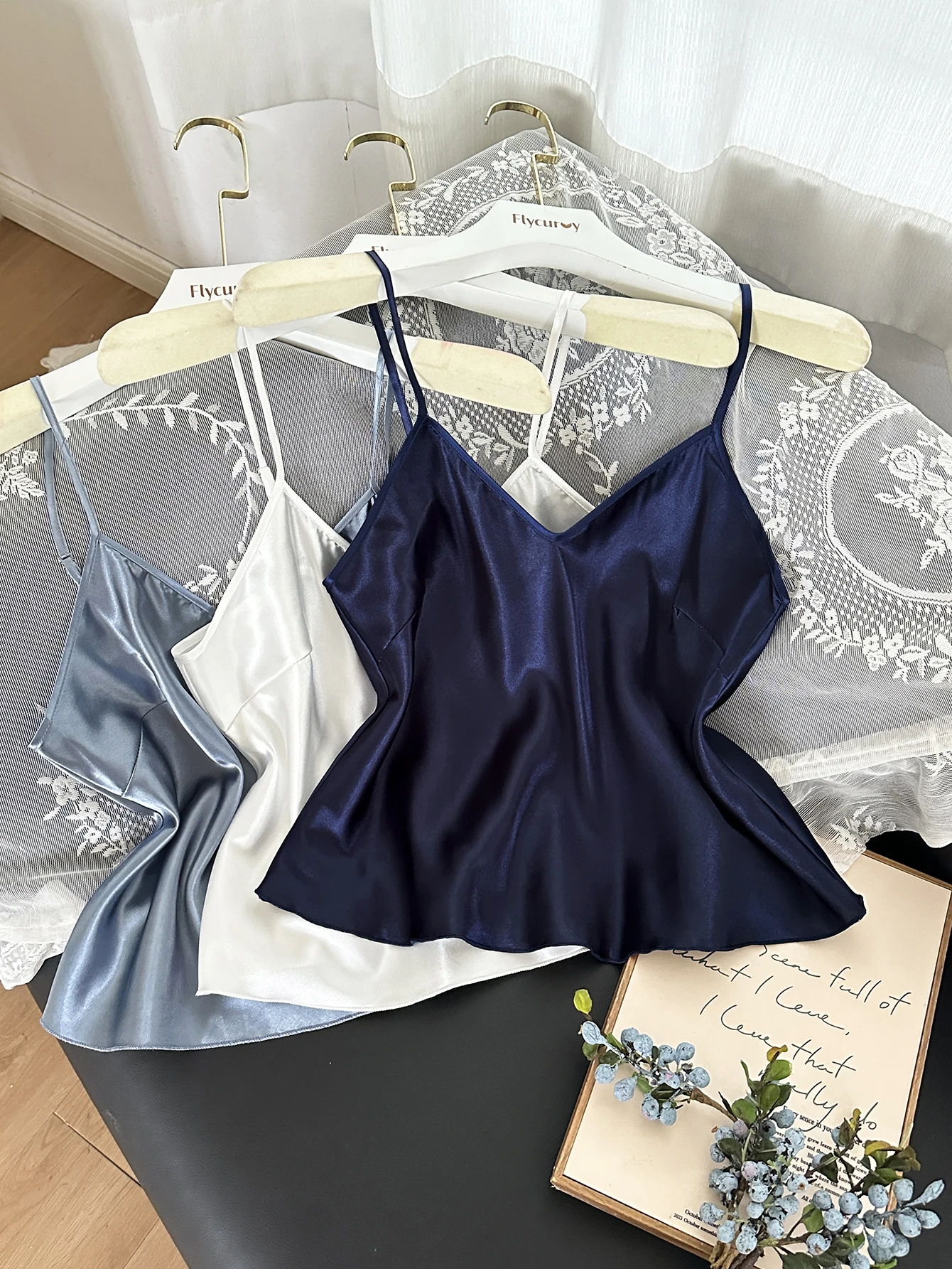 Women 3PCS Solid Color Pajamas V Neck Spaghetti Strap Sleeveless Slip Top Elegant Ladies Sleepwear Set for Home or Da