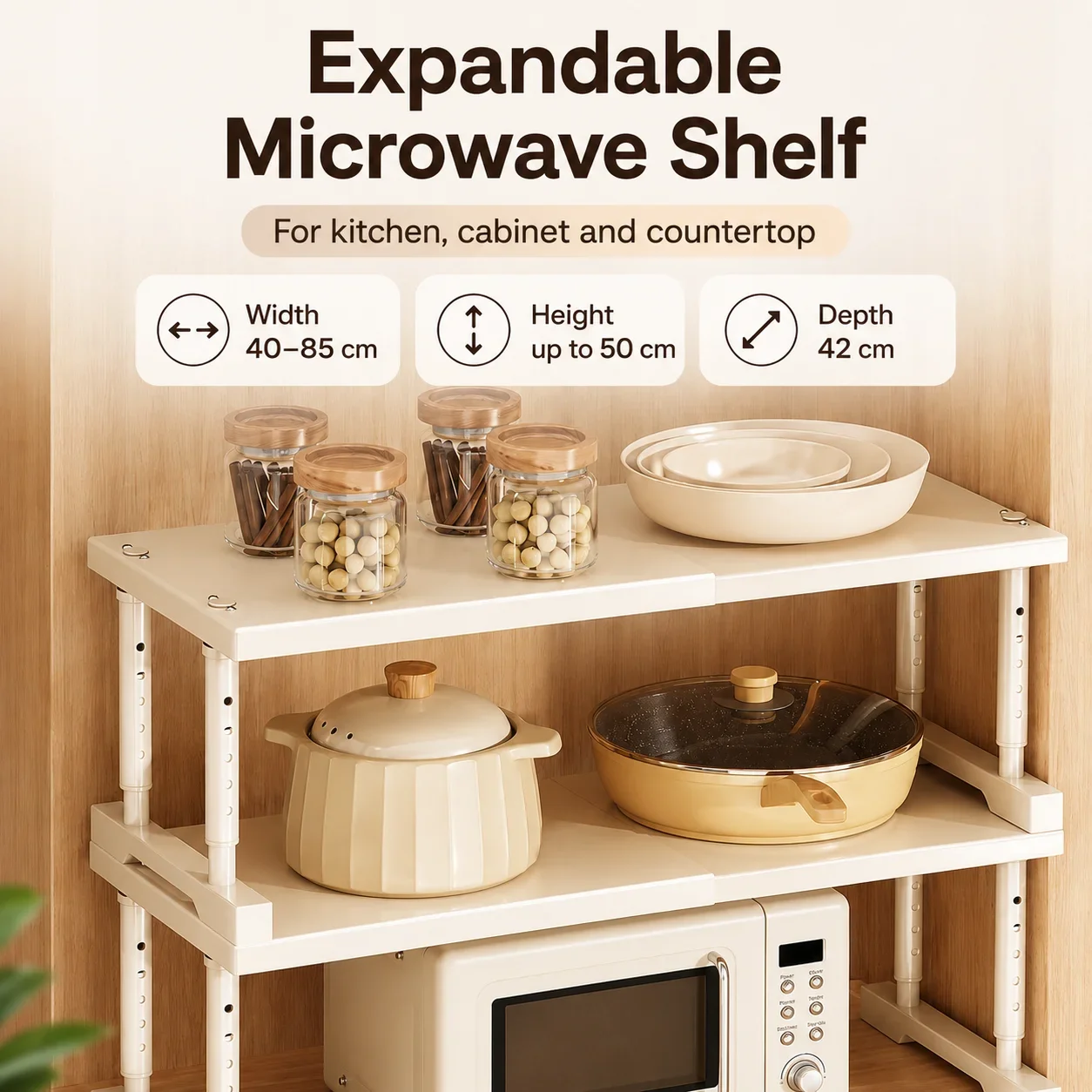 Expandable Microwave Oven Rack Adjustable Carbon Steel Countertop Storage Shelf for Kitchen Cabinet Pantry Closet Organizer