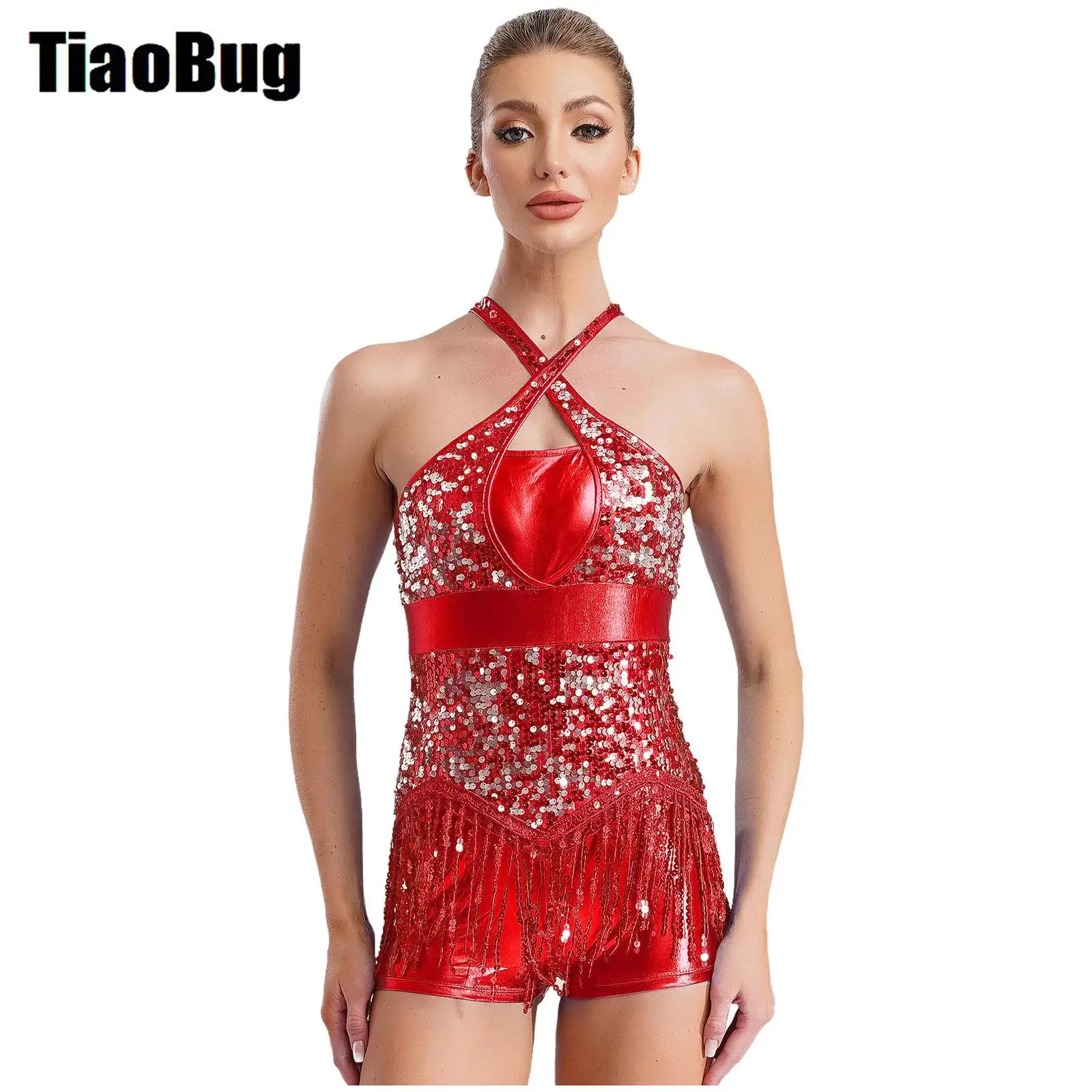 

Womens Latin Cha-Cha Dance Leotard Performance Costume Sparkly Sequins Tassel Cross Front Cutout Back Fringed Bodysuit Dancewear