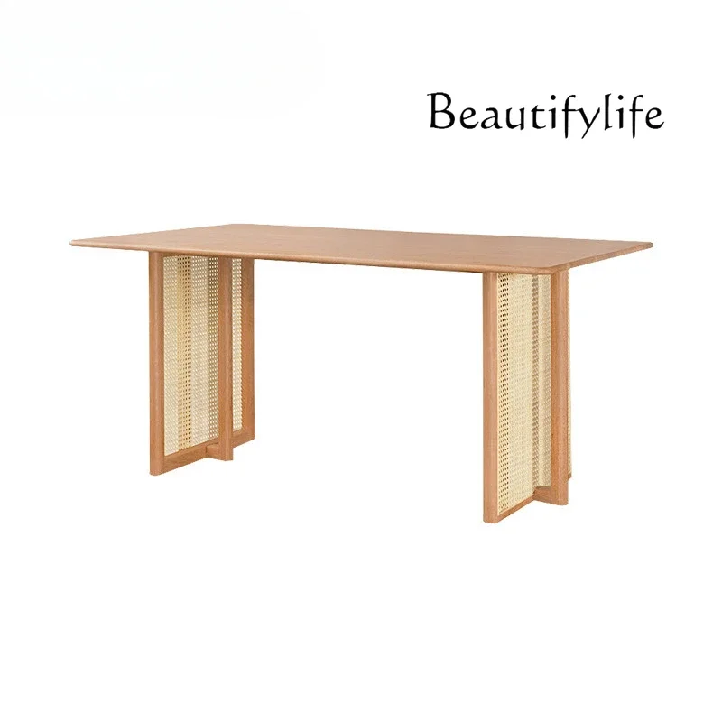 N36 Nordic medieval rattan dining table household simple small apartment rectangular solid wood dining table