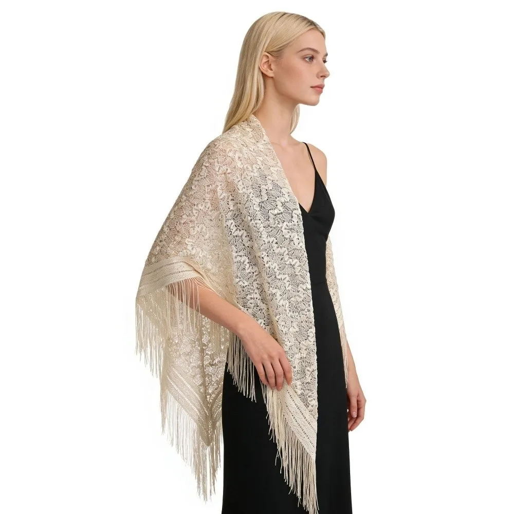 Versatile 140×140cm Lace Shawl Hollowed-out Design Elegant Knitted Shawl Breathable Tassel Shawl for Women