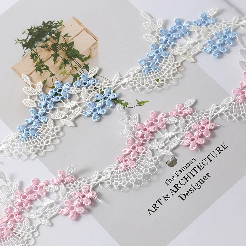 

30Yards High Quality Pink Blue Polyester Chimecial Embroidery Lace Trim 5cm Guipure Water Soluble Lace Trim for Dress