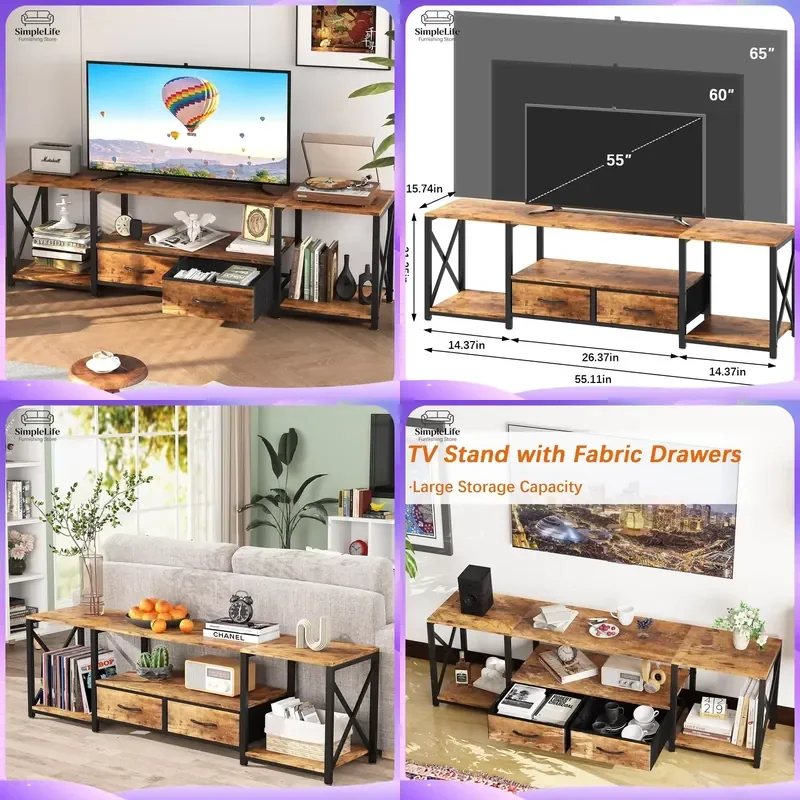 TV Console Table with 2 Fabric Drawers Modern Media Center TV Stand for Living Room Bedroom Home Entertainment Unit Storage