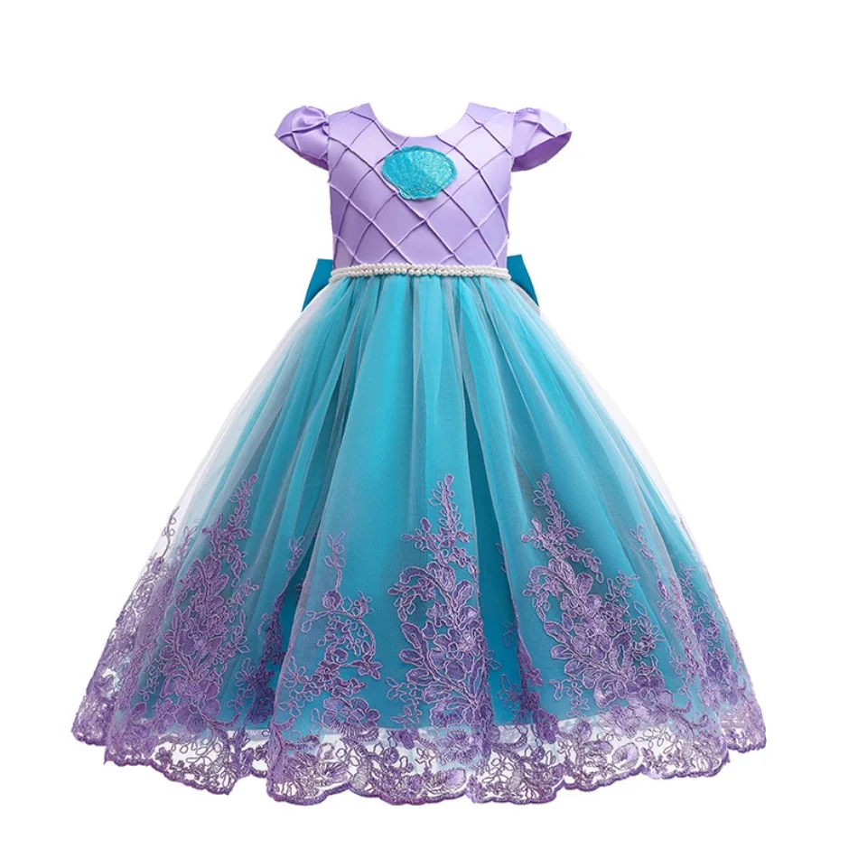 Princess Purple Pearl Dress Ball Gown Girl Little Mermaid Cosplay Costume Toddler Deluxe Floral Lace Dress Child Carnival Frock
