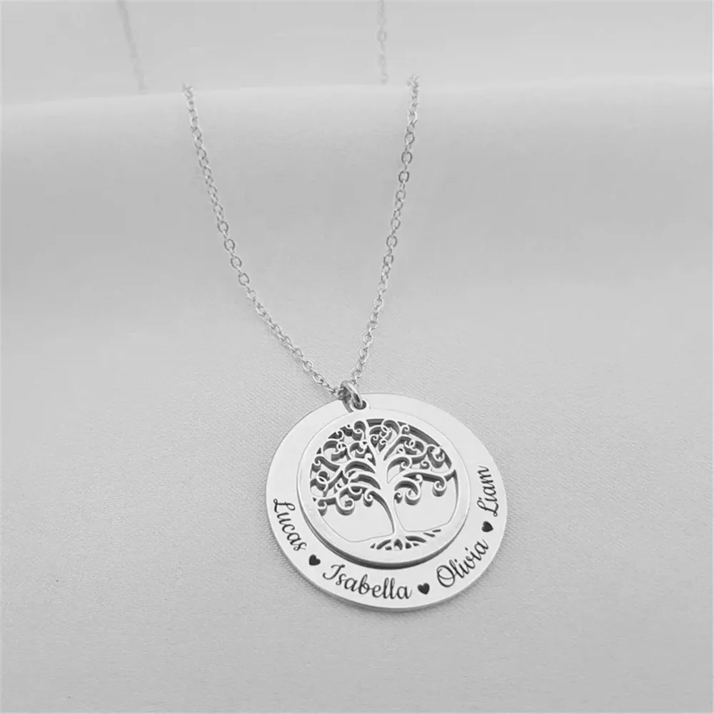 Collar personalizado con nombre familiar para mujer, colgante de árbol de la vida, gargantilla de acero inoxidable, joyería de regalo