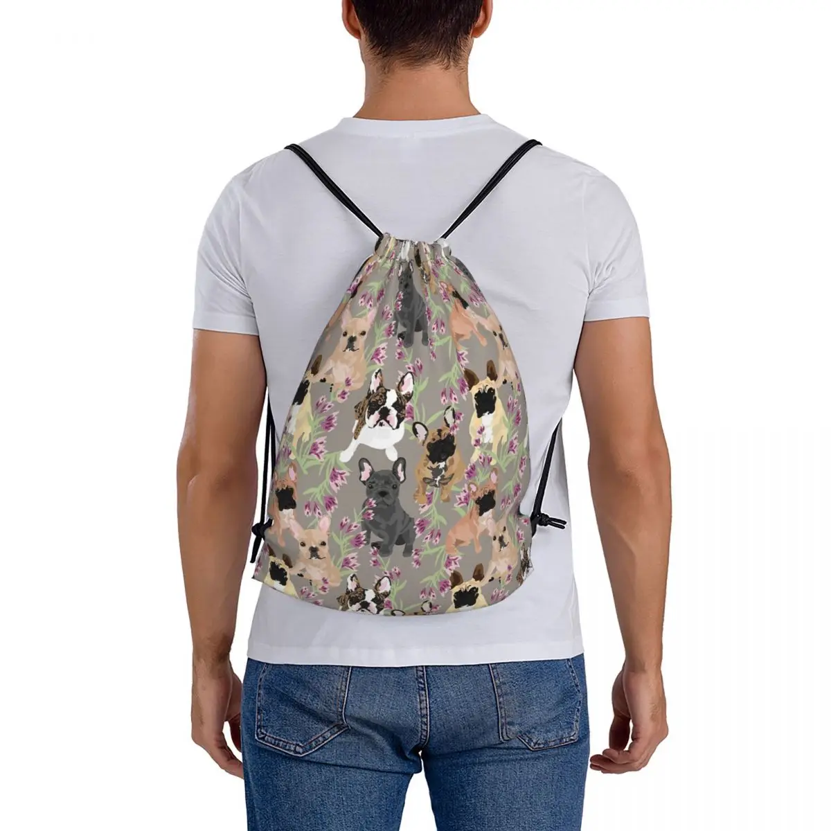 Frenchie Floral Backpacks Multi-function Drawstring Bags Sundries Bag Book Bags for Travel Students