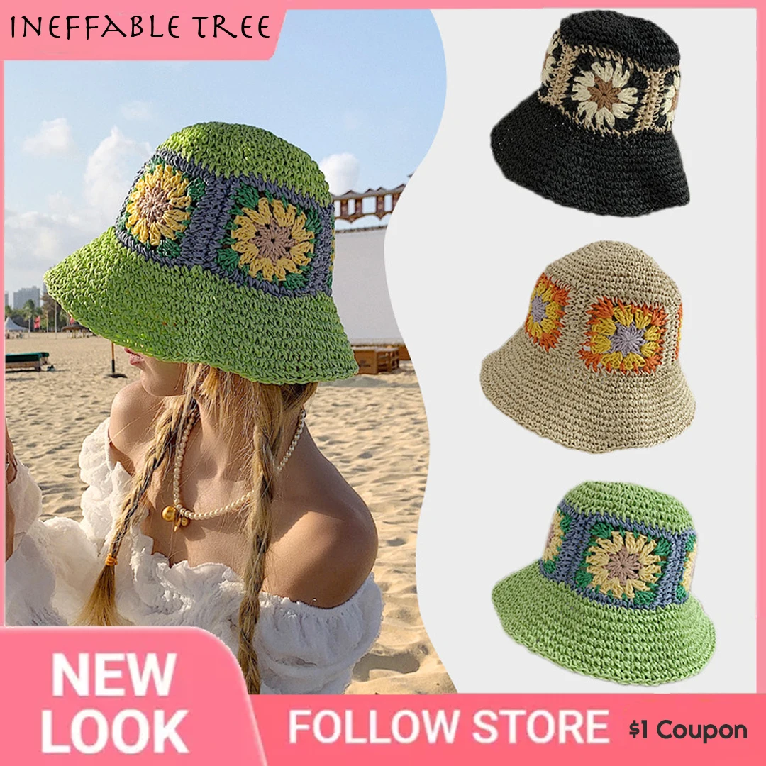 

Korea Women Summer Flowers Hand-woven Bucket Hat Japan Crochet Beach Sun Hat Sunshade Fisherman Breathable Straw Gorras Hombre