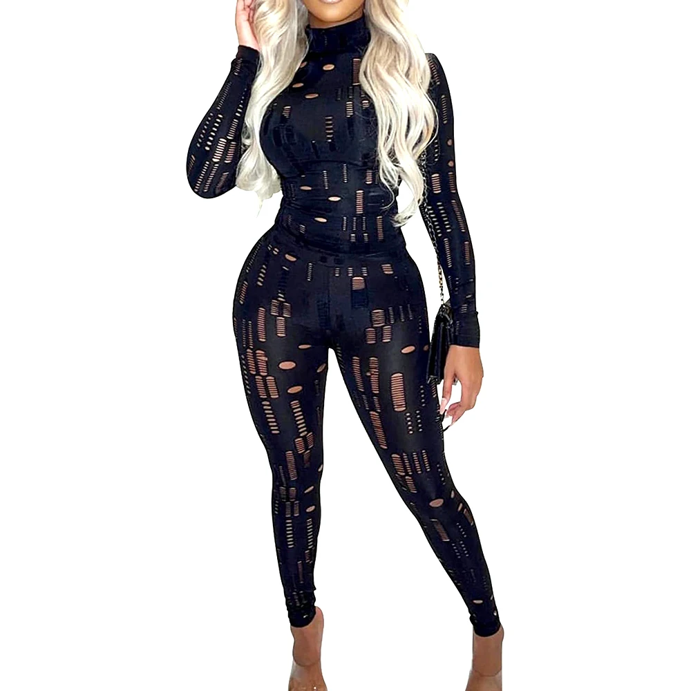 

Autumn And Winter Sexy Ripped Pants Gothic Style Round Neck Knitted Long-Sleeved Jumpsuit Club Party Fashion Girl Clothes