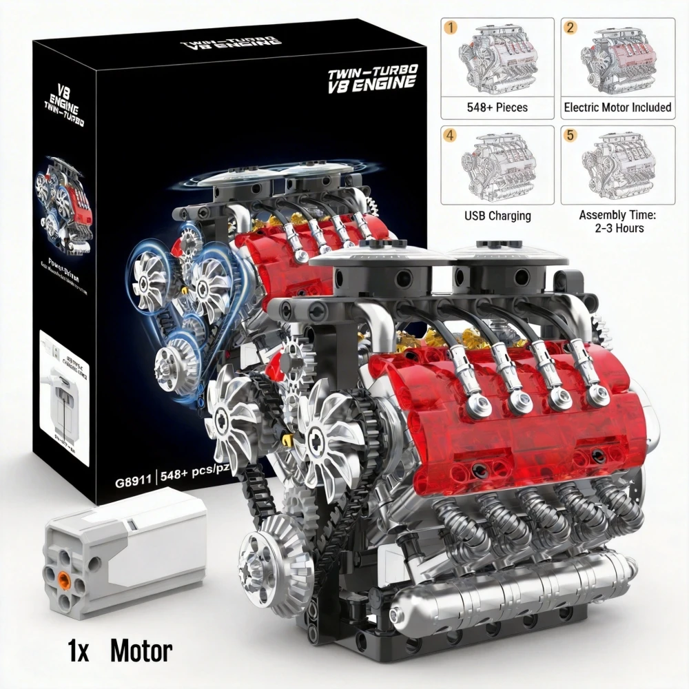 

Технический конструктор двигателя V8 с двойным турбонаддувом, 548 деталей, механическая модель с электродвигателем, коллекционный набор деталей для создания транспортных средств, подарок